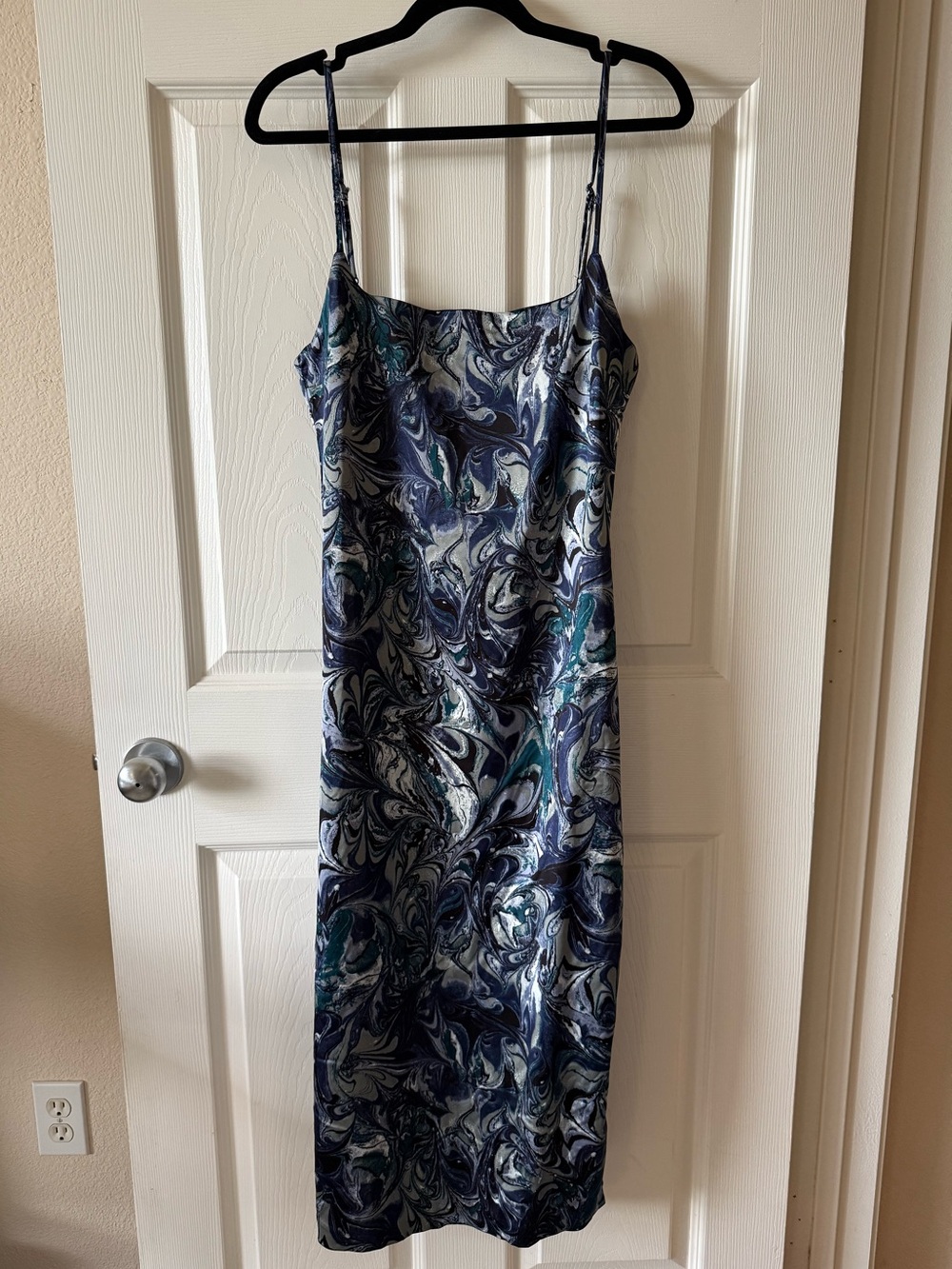 Abercrombie & Fitch Marble-Print Slip Dress in Navy, Teal, and White